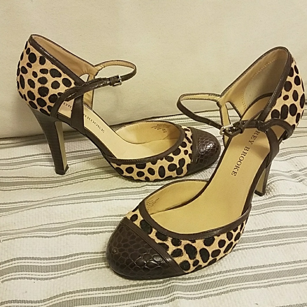 Audrey Brooke leather + faux cheetah strapped heel